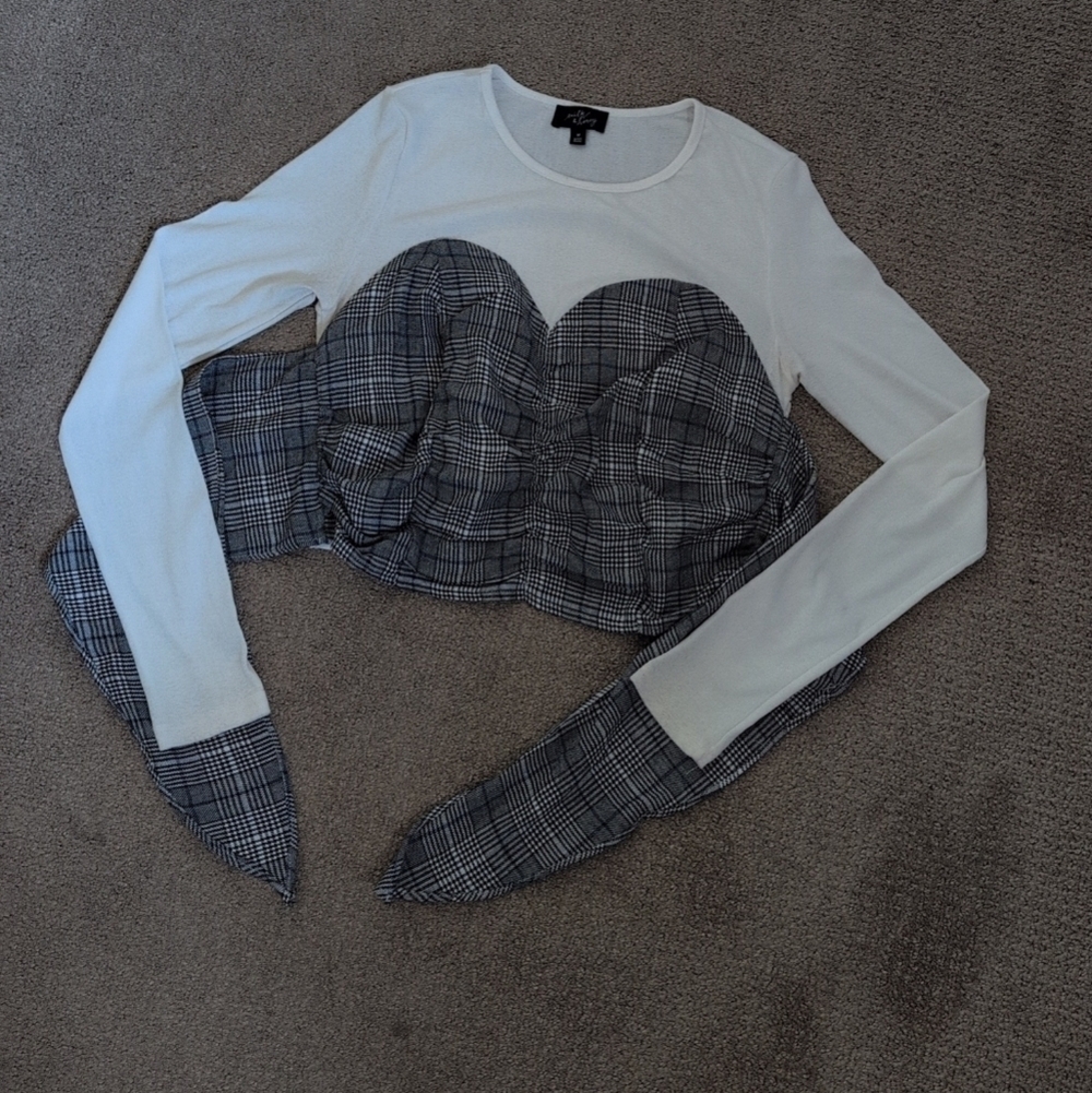 Shoedazzle Milk & Honey Long Sleeve Plaid Tie Waist Bustier Crop Top - Picture 4 of 11